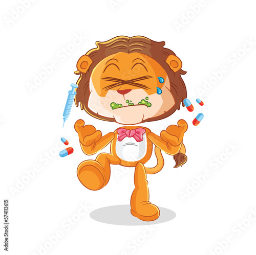 lion drug overdose. cartoon illustration