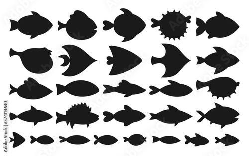 Fish abstract tropical silhouette, print seal set. Modern trendy exotic aquarium animals shape, cartoon nautical ink stamp. Various simple freshwater, sea fishes stylish print seal black collection