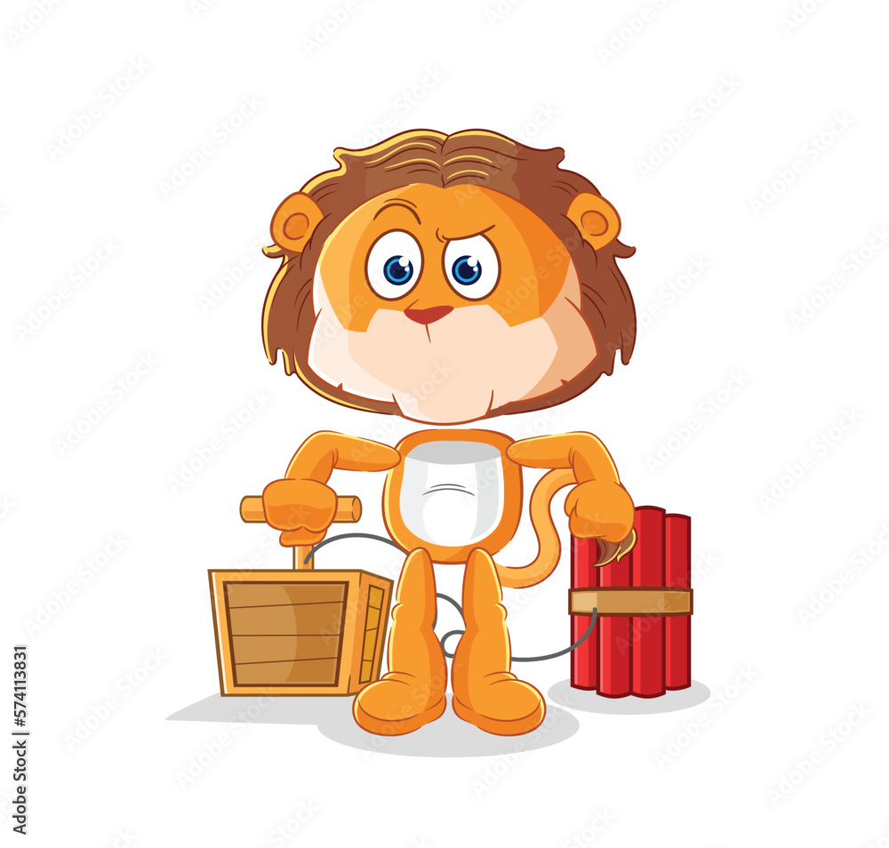 Fototapeta premium lion holding dynamite detonator. cartoon mascot vector