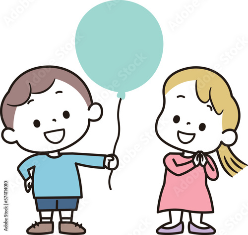 風船をあげる男の子と嬉しそうにしている女の子のイラスト素材