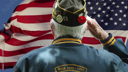 Veterans Saluting in Front Flag at Ceremony, Lexington, MA