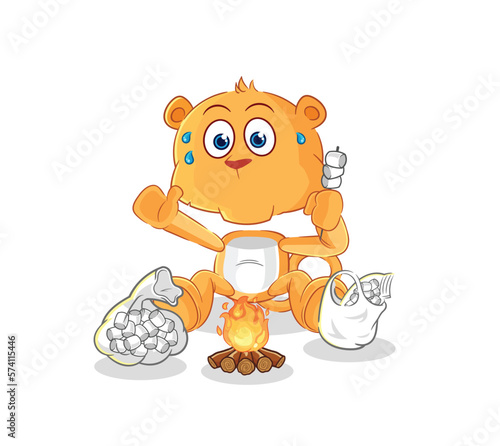 lioness roasting marshmallows. cartoon mascot vector