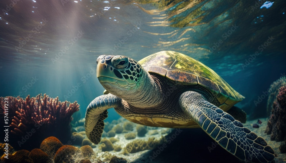Fototapeta premium green sea turtle swimming underwater, underwater coral reef, clear ocean water seabed with tortoise generative ai,