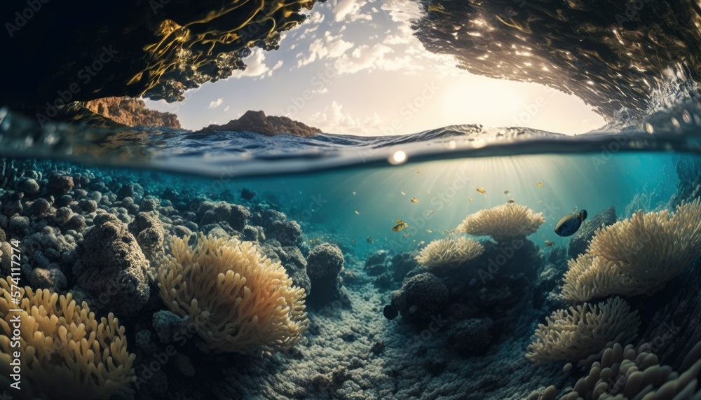 coral reef in the blue sea, ocean and sky mix view, underwater corals, deeps of ocean tropical seabed, generative ai, fishs at background coral reef in the blue sea, ocean and sky mix view, underwater corals, deeps of ocean tropical seabed, generative ai, fishs at background