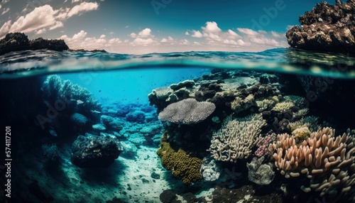 coral reef in the blue sea, ocean and sky mix view, underwater corals, deeps of ocean tropical seabed, generative ai, fish eye