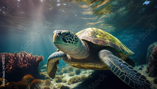 green sea turtle swimming underwater, underwater coral reef, clear ocean water seabed with tortoise generative ai,