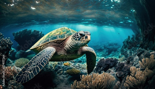 green sea turtle swimming underwater, underwater coral reef, clear ocean water seabed with tortoise generative ai,