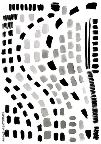 Short lines and dots ink brush collection. Brush drawn bold short lines. Abstract seamless ethnic pattern. Short bold vertical lines. Hand drawn.  (ID: 574117439)