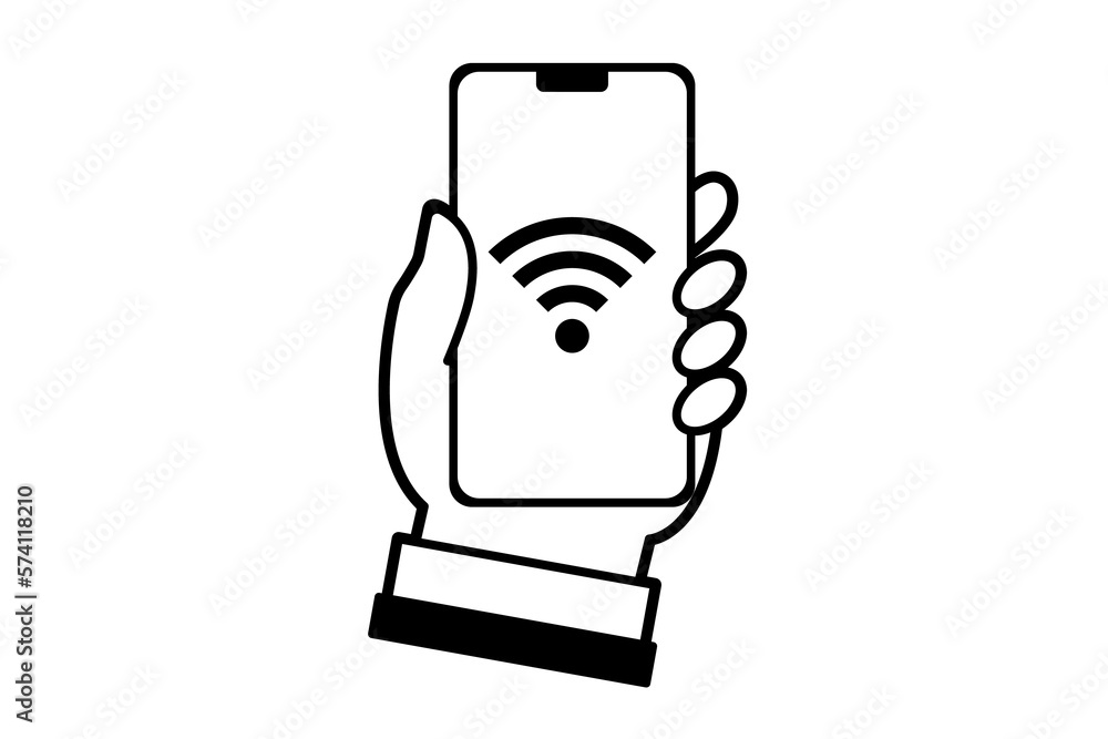 Wi-Fiアイコンが表示されたスマートフォンを持った手のイラスト(png)