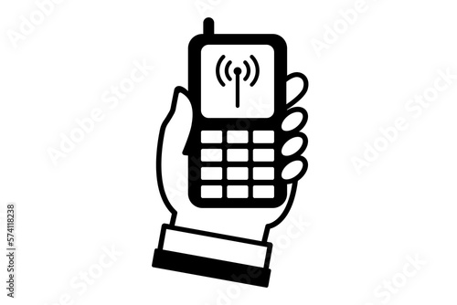 電波マークが表示された携帯電話を持った手のイラスト(png)