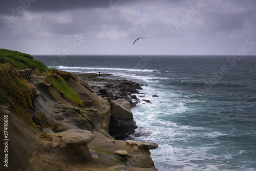 2021-02-21 ROCKY SHORELINE IN LA JOLLA CALIFORNIA WITH GREEN FOLIAGE AND SMALL WAVES AND A CLOUDY SKY.