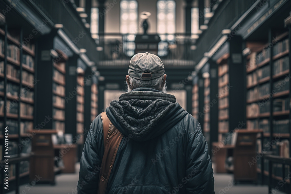 man standing in the middle of the library. illustration Generative AI man standing in the middle of the library. illustration Generative AI