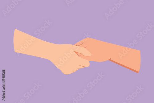 Character flat drawing two hands holding each other. Sign or symbol of love, relationship, couple, marriage. Communication with hand gesture. Hand gesture care icon. Cartoon design vector illustration