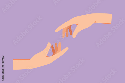 Character flat drawing two human hands reaching each other. Sign or symbol of love, hope, caring, helping, touching. Communication with hand gestures for education. Cartoon design vector illustration