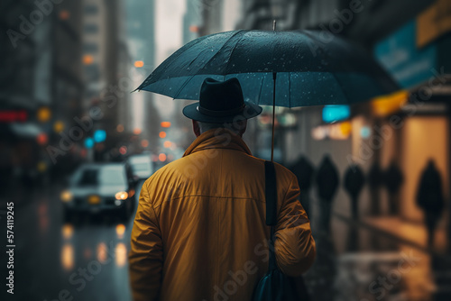 rainy weather, a man with an umbrella walks down the street illustration Generative AI