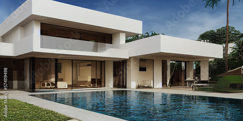 Luxury pool villa spectacular contemporary design digital art real estate   home  house and property  Generative AI illustration.
