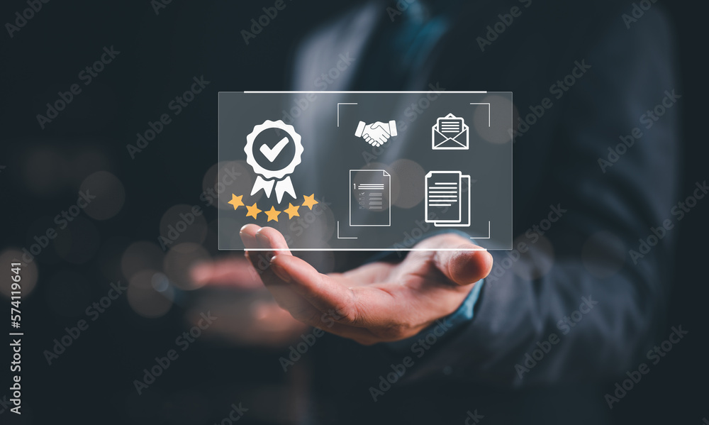 Hand shows sign of top service Quality assurance, Guarantee, Standards, ISO certification and standardization concept, satisfaction, service experience, show the standards of products and services. Hand shows sign of top service Quality assurance, Guarantee, Standards, ISO certification and standardization concept, satisfaction, service experience, show the standards of products and services.