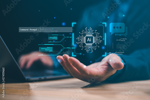 Ai technology, Artificial Intelligence. Man using technology smart robot AI, artificial intelligence by enter command prompt for generates something, Futuristic technology transformation. Chat with AI