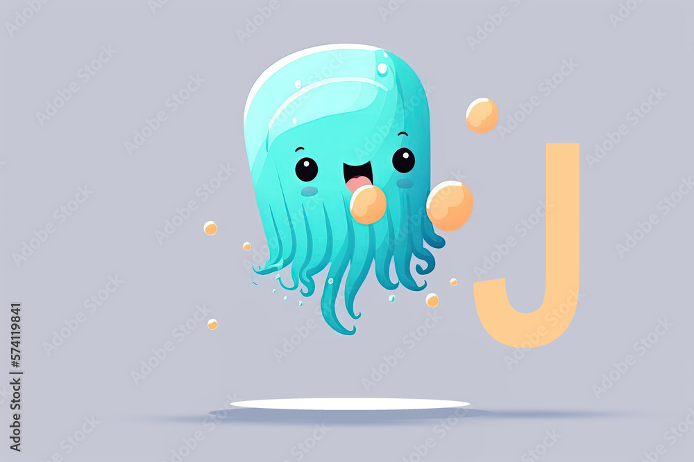 Obraz premium Jellyfish cute caracter and letter J logo. Generative AI ..