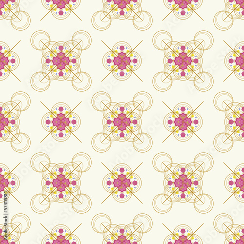 In this seamless pattern, a beautiful pink bouquet of flowers arranged in several circles stacked nicely on a light colored background looks beautiful.