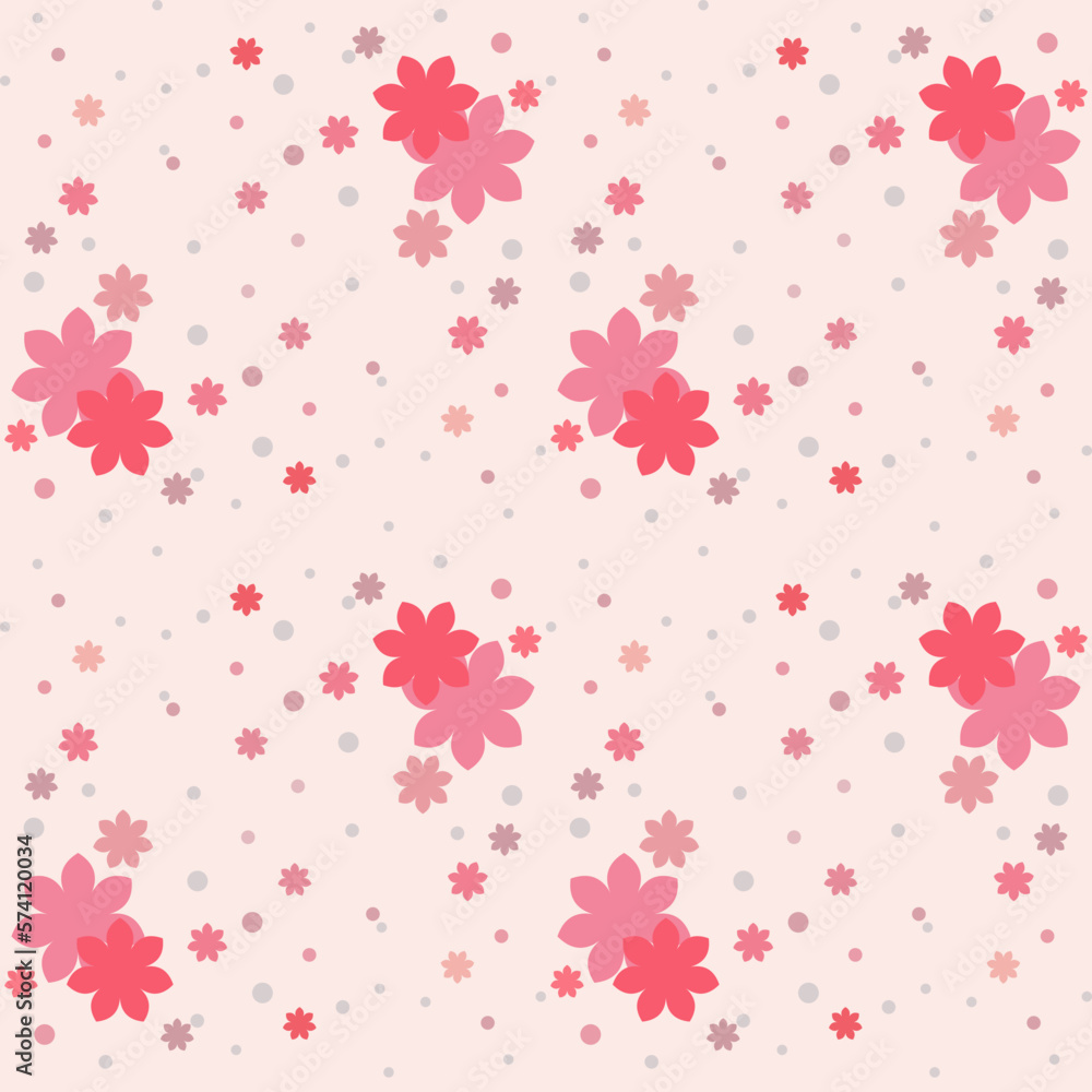 The lovely pink tone flowers scattered all over the light pink tone background. It is also decorated with small circles around it as a a seamless pattern that looks cute and bright.