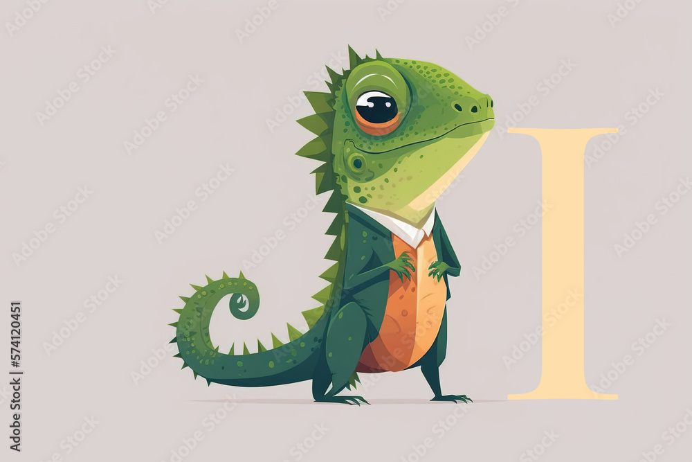 Fototapeta premium Iguana cute caracter and letter I logo. Generative AI .