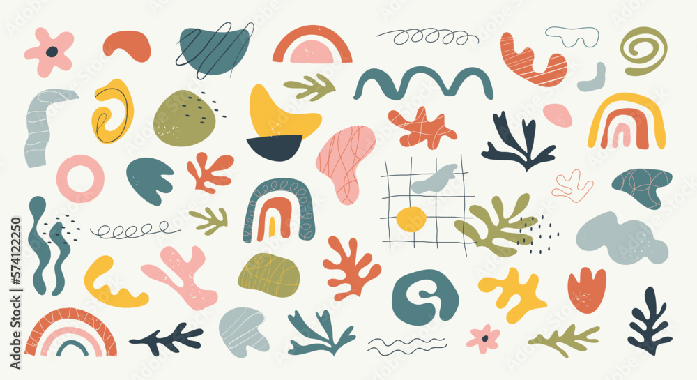 Set of hand drawn abstract nature organic shapes and doodle objects. Abstract contemporary modern trendy vector illustration. Aesthetics Matisse.