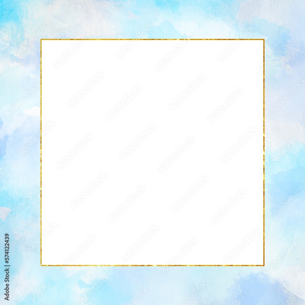 絵具をペタペタ塗ったような爽やかなブルー系の水彩フレーム背景イラスト