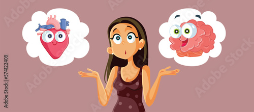 Woman Choosing Between rational and Emotional Vector Concept Illustration. Girl deciding between love and reason, career of hobby
