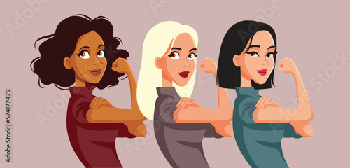 Strong Women Standing Together Celebrating Vector Cartoon Illustration. Three girls of different ethnicities protesting for equal rights 