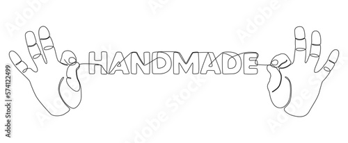 One continuous line of hand with Handmade word. Thin Line Illustration vector concept. Contour Drawing Creative ideas.
