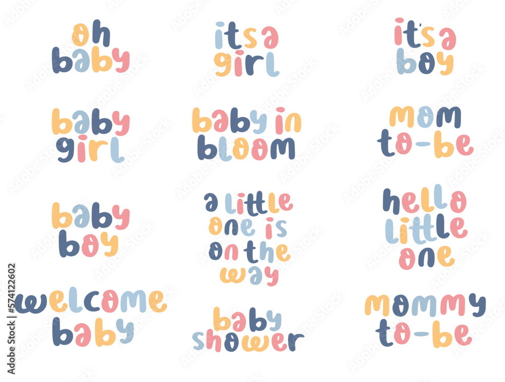 Baby shower lettering. Set of vector cards for baby shower with pastel color. Hand drawn lettering for baby shower Baby shower lettering. Set of vector cards for baby shower with pastel color. Hand drawn lettering for baby shower