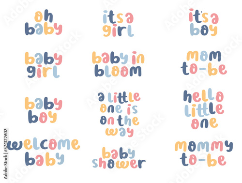 Baby shower lettering. Set of vector cards for baby shower with pastel color. Hand drawn lettering for baby shower