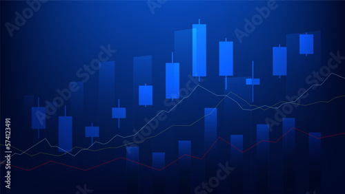 Financial business statistics with bar graph and candlesticks chart show stock market price and effective earning on blue background