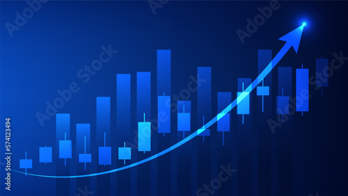 Financial business statistics with bar graph and candlesticks chart show stock market price and effective earning on blue background