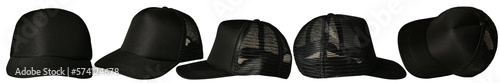 Set of black trucker cap hat mockup template collection, various angle isolated cut out object