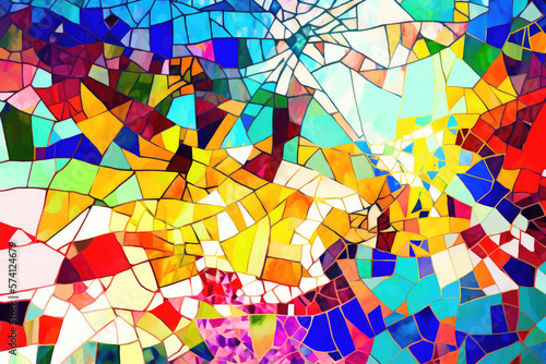 Mosaic Abstract Background, A vibrant, kaleidoscopic display of fragmented geometric shapes, each one individually distinct yet cohesively arranged to form a larger composition.  photo