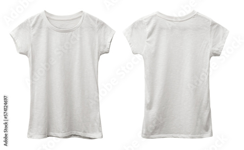 Female woman child kids blank white shirt template mock up, front and back t-shirt flat lay design isolated