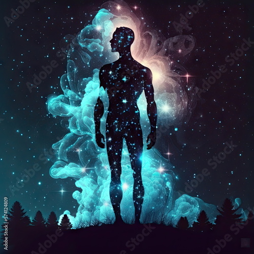 body silhouette with space and galaxy background, milky way, spiritual life and belief, Made by AI, Artificial intelligence