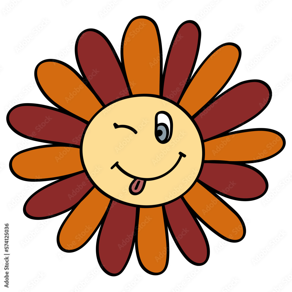Smiley Daisy in 70s or 60s Retro Trippy Style. Smile Flower 1970 Icon. Seventies Groovy Flowers. Cartoon Character Hand Drawn Vector Illustration. Smiley Daisy in 70s or 60s Retro Trippy Style. Smile Flower 1970 Icon. Seventies Groovy Flowers. Cartoon Character Hand Drawn Vector Illustration.