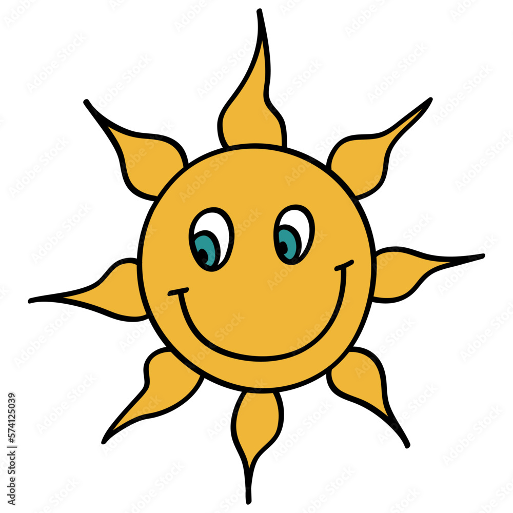 Smiley Sun in 70s or 60s Retro Style. Smile Sunshine 1970 Icon. Seventies Element. Groovy Flowers. Hand Drawn Vector Illustration.