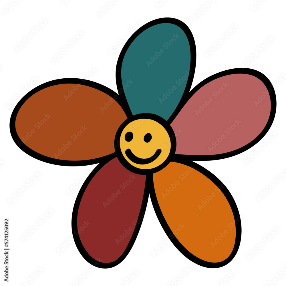 Smiley Daisy in 70s or 60s Retro Trippy Style. Smile Flower 1970 Icon. Seventies Groovy Flowers. Cartoon Character Hand Drawn Vector Illustration. Smiley Daisy in 70s or 60s Retro Trippy Style. Smile Flower 1970 Icon. Seventies Groovy Flowers. Cartoon Character Hand Drawn Vector Illustration.