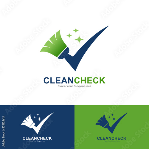 Clean check with broom logo vector template. Suitable for business, cleaning, sanitation and check mark