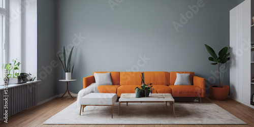 mock up poster frame in boho interior background, wooden living room design, Scandinavian style. Generative AI illustration