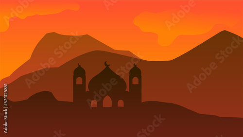 Silhouette landscape of mosque with shiny orange sky for ramadan design graphic. Vector illustration of Islamic background for ramadan celebration in muslim culture and islam religion