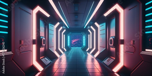 Fototapeta Naklejka Na Ścianę i Meble -  Blue and pink spaceship interior,digital illustration generative AI