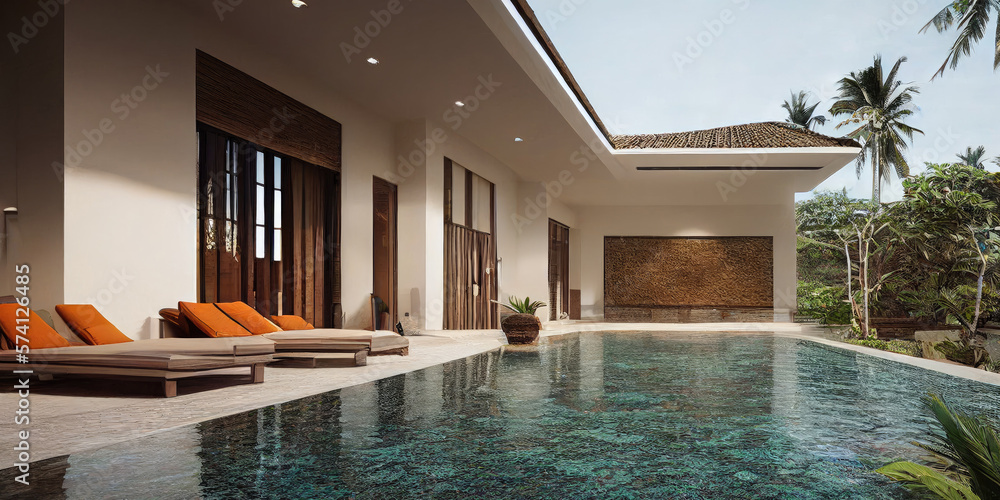 Luxury with tropical Jungle villa resort luxurious swimming pool. Generative AI illustration