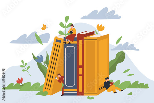 Tiny people reading books. Huge books with flowers, leaves and plants. Back to school, library or book festival concept. Vector illustration.