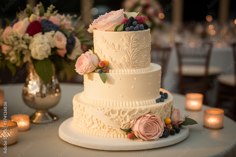 wedding cake decorated with roses. generative AI wedding cake decorated with roses. generative AI
