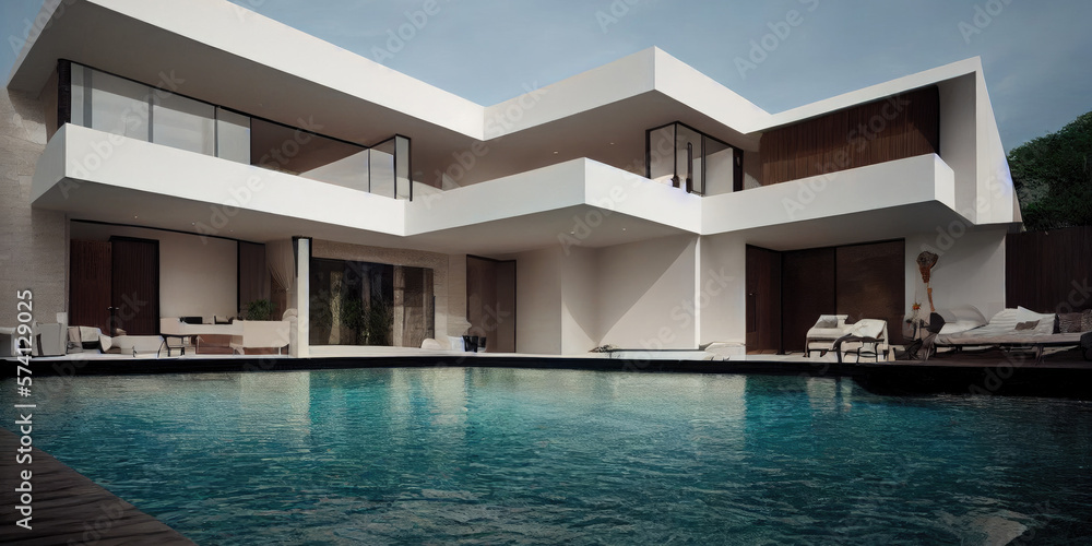 Fototapeta premium Luxury pool villa spectacular contemporary design digital art real estate , home, house and property, Generative AI illustration.